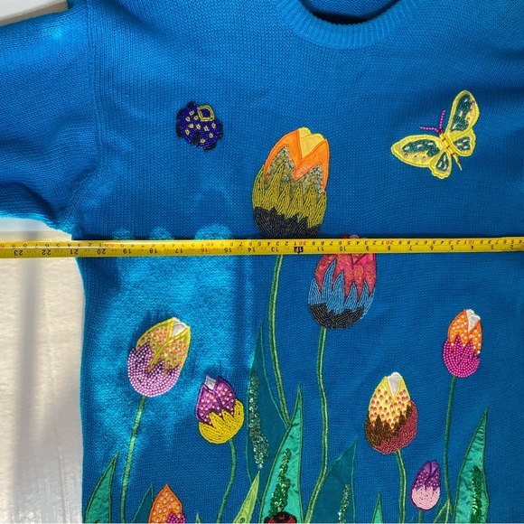 CEDAR  tight Knit beaded patch size L turquoise long sleeve pullover - Picture 4 of 9